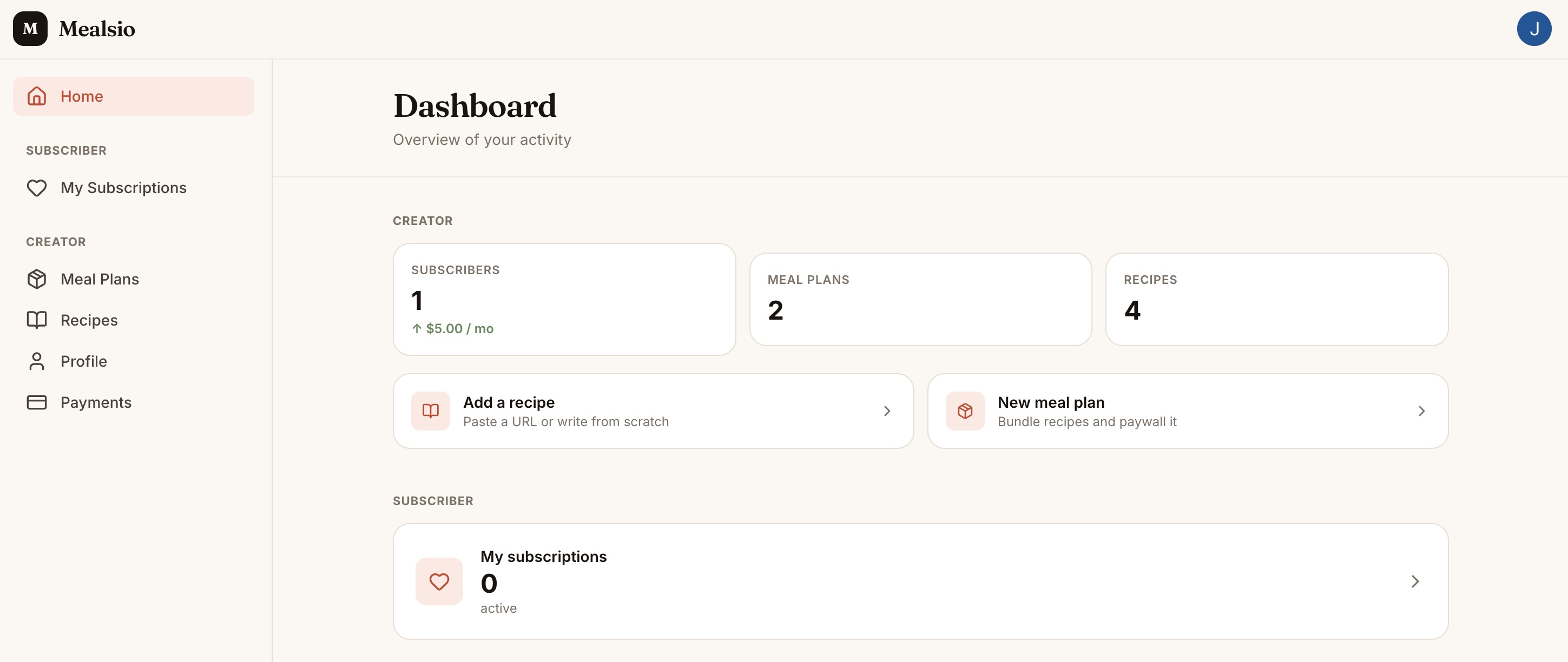 Mealsio creator dashboard showing meal plans, recipes, and subscriber counts
