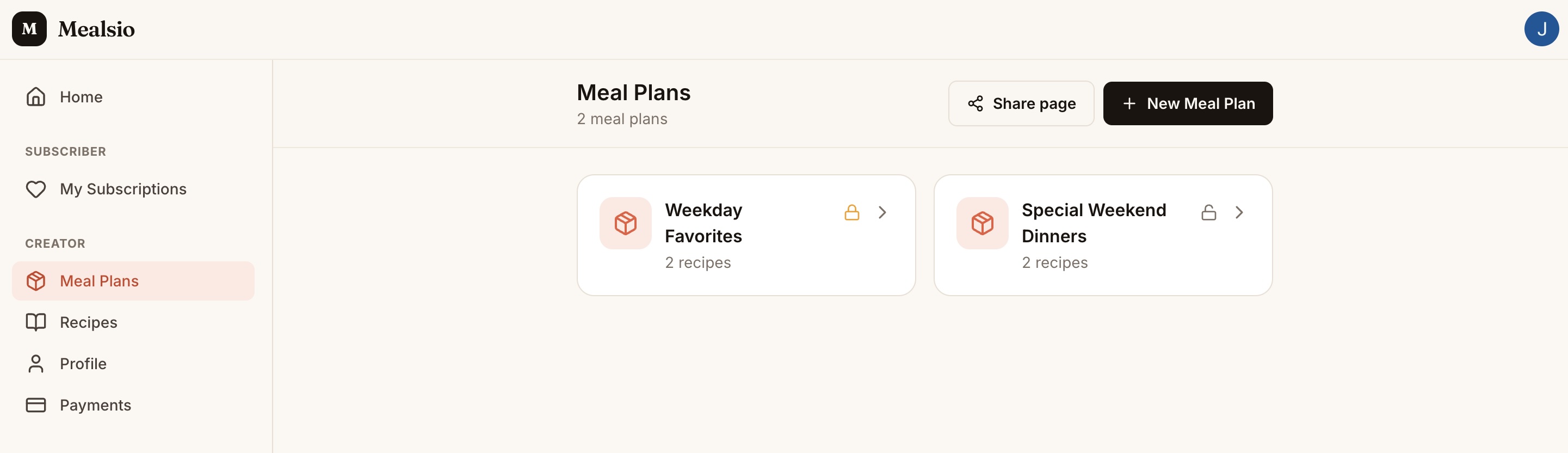 Meal plans page showing two meal plans with recipe counts and paywall lock icons