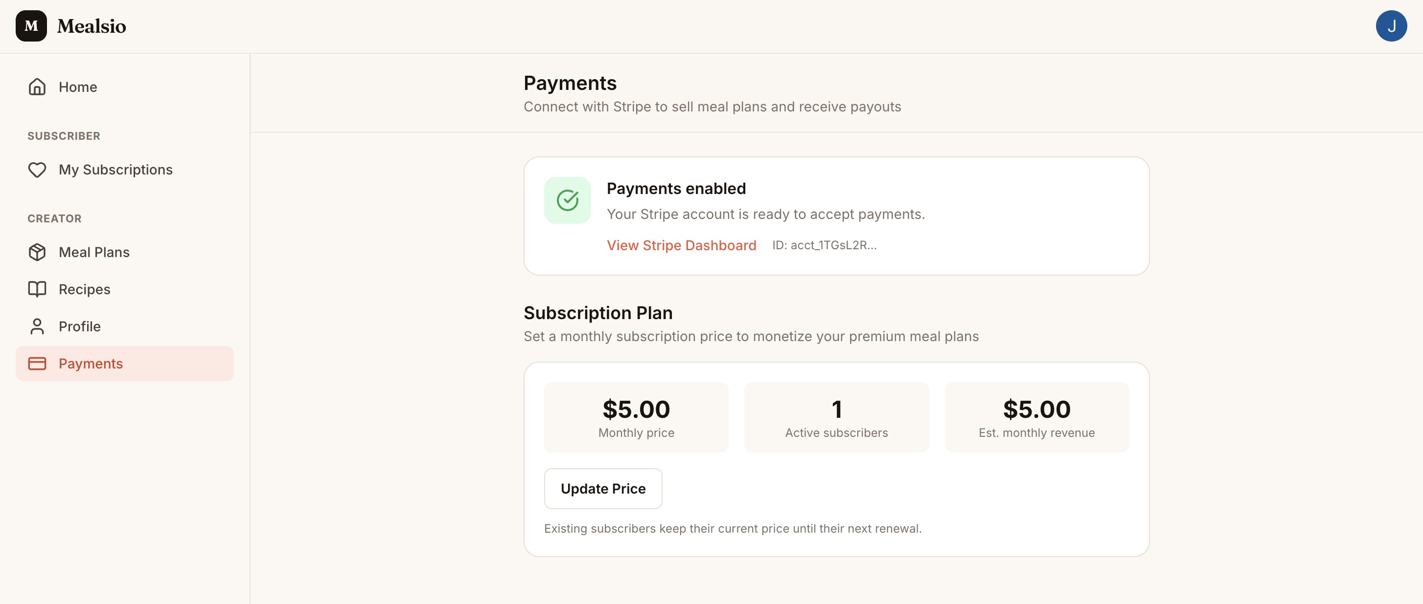 Payments page showing Stripe connected status and subscription plan pricing