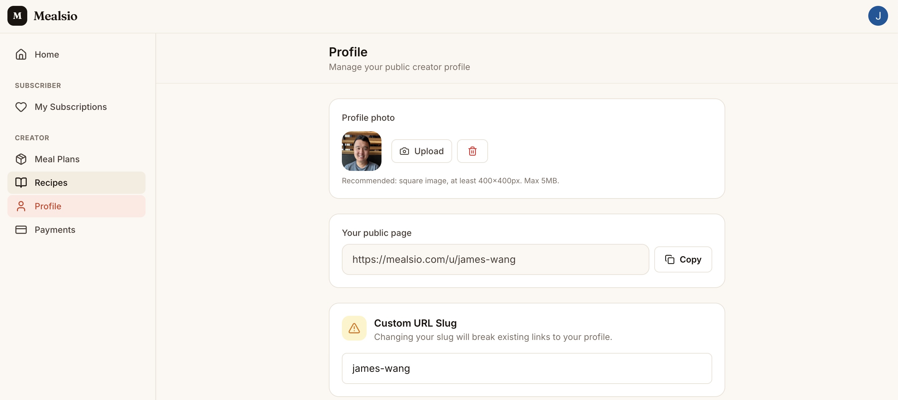 Profile settings page with display name, bio, photo upload, and slug fields