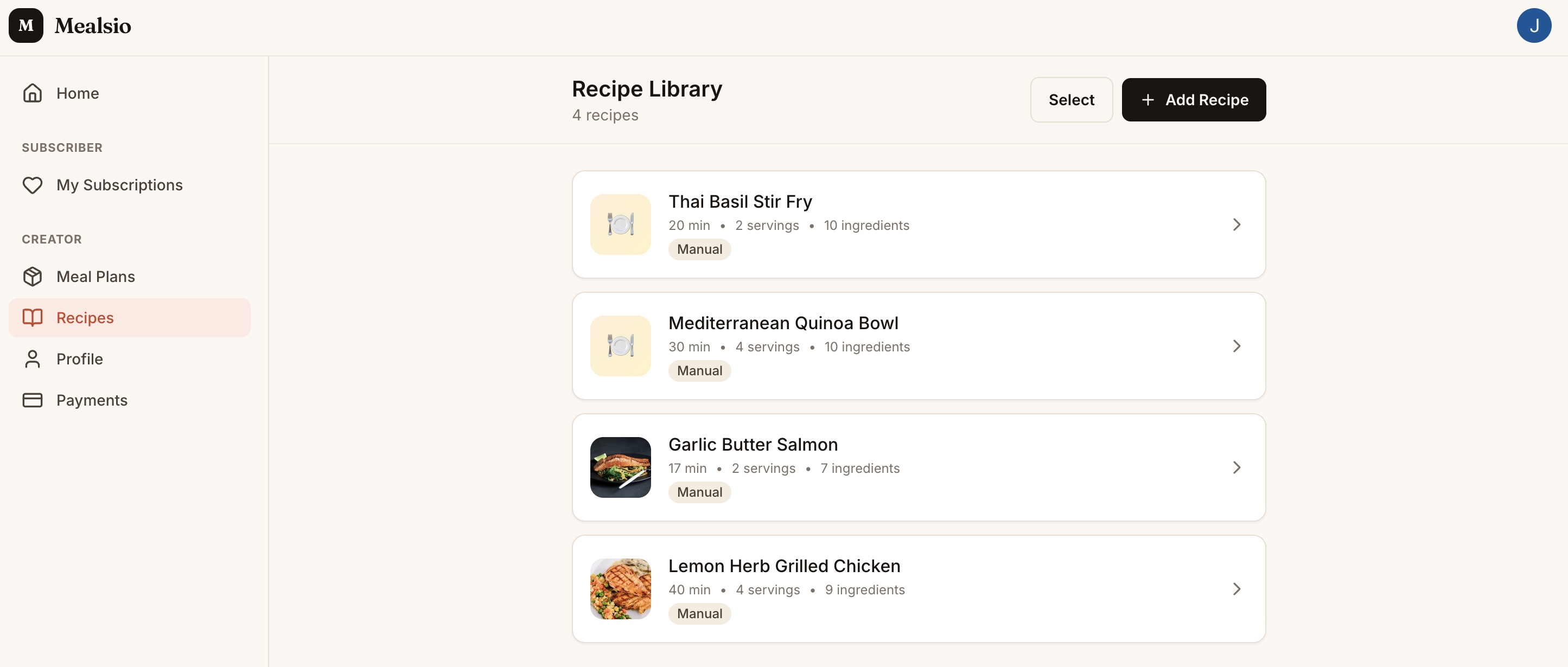 Recipe library showing a list of recipes with photos, cook times, and ingredient counts